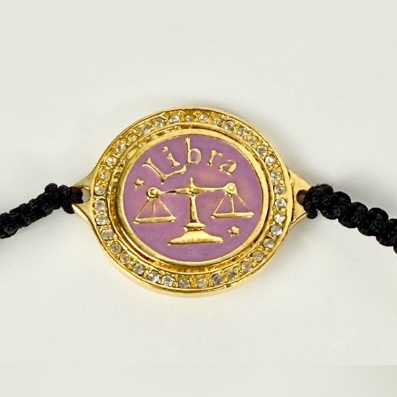 Pink Enamel Libra Zodiac Bracelet Adjustable Black Cord with Gold-Tone Accents - Picture 6 of 8